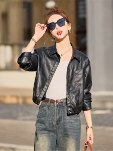 OUCAO | Black Short Womens Leather Jacket