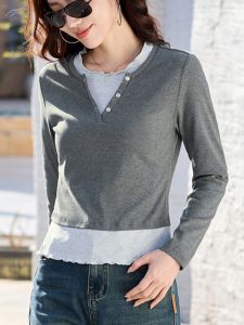 Womens round Neck Long Sleeve T-Shirt Pure Cotton Slim Fit Fashionable Spring New Outerwear Top Color Block Base Shirt