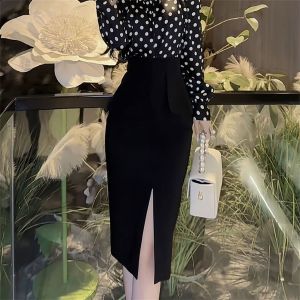 French Elegant Polka Dot Long Sleeve Shoulder Bared Womens Set Dress High Waist Split Body Contouring Skirt Fashionable Spring New Style
