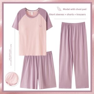 MiiOW | Cat Lady Modal Summer Sleepwear Three-Piece Set Short Sleeve Thin Home Clothes With Chest Pad Simple Style For Women