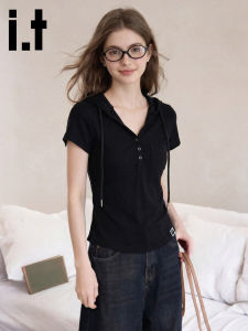 FINGERCROXX | Summer Black V-neck Hooded Asymmetrical Slim-fit T-shirt