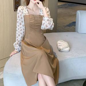 Chiffon Dress for Women Plus Size 4XL 2022 Autunm New Gentle Style Temperament Fashion Floral Dress Casual Square Collar Long Sleeves Mid Length Dress for Women