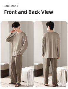 MiiOW | Mens Pure Cotton Sleepwear Long Sleeve Round Neck Pullover Set Casual Home Clothes Spring Autumn Wearable Comfortable Breathable