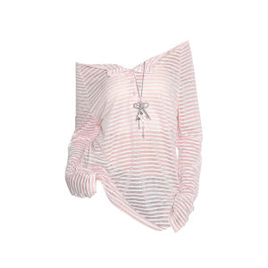 Retro American Lazy Style Striped One Shoulder Long Sleeve T-Shirt Womens Thin Loose Sun Protection Base Shirt Top