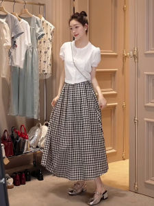 Elegant Plaid A-Line Midi Skirt Womens Summer 2025 New High Waist Korean Style Fashion Trend Online Exclusive Sale
