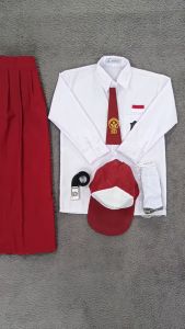 setelan seragam sekolah merah putih panjang anak perempuan sd kelas 1-6 topi merah putih
