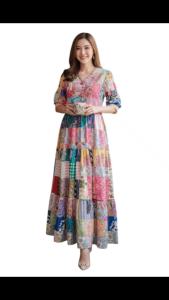 🌸 เดรสยาวคอวีแขนตุ๊กตา 3 ส่วน สไตล์โบฮีเมียน | Handmade Patchwork รอบตัว | ผ้าป่านอินเดีย/อัดกาวช่วงบน อยู่ทรงสวย | แถมฟรี! ที่คาดผมเข้าชุด | M-6XL 🌸