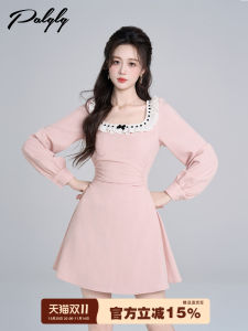 Sweet Lace Splice French Style Pink Square Collar Womens Dress Spring Fashion A-Line Skirt Waist-Cinching High-End Lady Dress