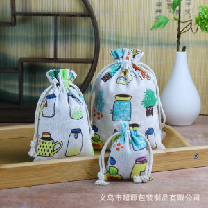 10pcs/lot Linen Drawstring Pocket Cute Pattern Printed Wedding Candy Storage Bag Travel Makeup Cloth Shoes Sundries Storage Bag