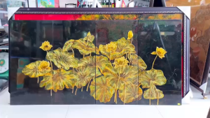 Bộ Tranh sơn mài 4 tấm- HOA SEN - Đắp nổi / Nền dát vàng / Size 80x160 cm
