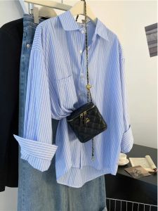 New Autumn Chic French Style Sophisticated Retro Lazy Vibe Blue Stripes Shirt