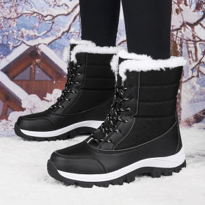 Thickened Fleece Winter Snow Boots Womens Outdoor Warm Boot Waterproof Non-slip Mid-Calf Booties Rubber Outsole round Toe