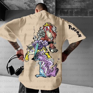 Bandai | 2026 Summer Pokemon Pure Cotton T Shirt Raichu And Suicune Back Print Colorful Design Sleeve Pokemon Text Men Casual Fashion