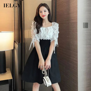 IELGY เดรสชีฟองหวานเย็บลายดอกไม้สามมิติและเดรสแขนสั้นบางสำหรับผู้หญิง