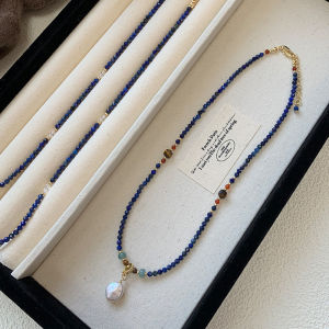 Natural Qingjin Stone Pearl Necklace for Women New Chinese Style Luxury Minimalist Blue Lockbone Chain Jewelry Accessory