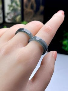 Natural A-grade Jadeite Square Ring for Men And Women Black Chicken Breed Finger Ring Band Ring Unprocessed from Myanmar