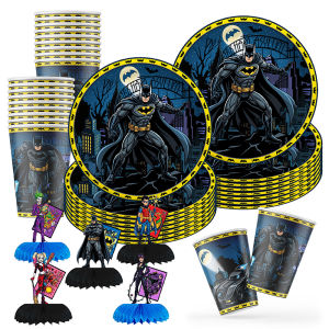 Warner Bros Themed Batman Hero Paper Plate Cup Triangle Flag Sticker Happy Birthday Party Decoration Disposable Tableware Supply
