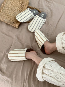 Men and Women All-Matching Stylish Mixed Color Stripe Baotou Cotton Slippers Couple Winter New Arrival Home Non-Slip Thermal Furry Shoes