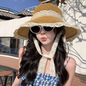Summer Lace Hollow Straw Hat Tie-Up Women Beach Sunscreen Bucket Hat Large Brim UV Protection Cap
