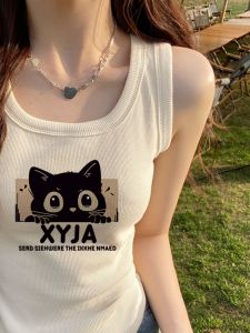 เสื้อกั๊กสายเดี่ยวพิมพ์ลายฤดูร้อนสำหรับผู้หญิง เสื้อแขนกุดทรงเข้ารูปสั้น เสื้อชั้นในแฟชั่น เสื้อผ้าทำงาน ผ้าฝ้ายผสม