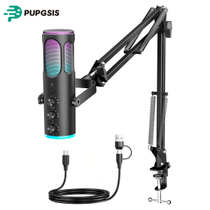 PUPGSIS Gaming USB Microphone Noise Cancellation Condenser Mic with Mute Gain RGB Lights Boom Arm Stand for Streaming PC