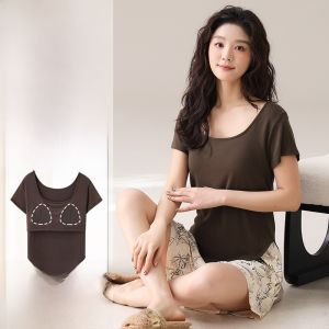 miiow | Cat Woman Summer Sleepwear Set With Chest Pad Loose Casual Short Sleeve Shorts Home Clothes For Women Breathable Lightweight Polyester Fiber