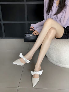 Elegant Satin Butterfly Knot High Heels Womens Shoes Thin Stiletto Pointed Toe Sandals Silver Color Spring Fashion Footwear