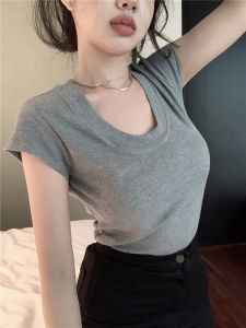 Áo Thun Nữ Cổ Tròn Tay Ngắn Màu Xám Thời Trang Mùa Đông 2025 Mới Ôm Vừa Vặn Eo Nhỏ Tay Ngắn Vai Thường Xuyên