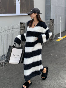 Stripes Mink Hair New Fall and Winter New Female Loose Thicken Lazy Style Long below the Knee Slimming Knitted Sweater Dress