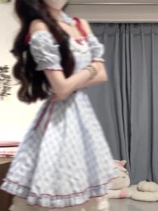 French Style Sweet School Uniform Checkered Blue Summer Waist-Cinched Mini Skirt for Women Short Teaeking Ball Gowndress