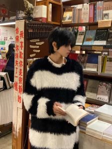 Stripes Charming Blue Heart Stylish Fashion Mink-like Sweater Men and Women Idle Style Soft Glutinous Couple Sweater Outwear