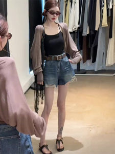 Shalldoer | Retro American High Waist Denim Shorts Women Summer Small Size Straight Leg Frayed Hem Slimming Hot Girl Wide Leg Shorts