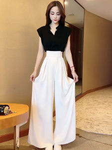 High Waist Suit Loose Pants Suit Womens Summer Thin Western Style Fashion Fancy Elegance Sleeveless Tops Two-piece Set