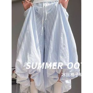 กางเกงกระโปรงลายสก็อตทรงหลวมเอวสูงสไตล์เกาหลีสำหรับผู้หญิง กางเกงขายาวทรงหลวมสบาย ๆ ทรงหลวม ทรงหลวม ทรงหลวม