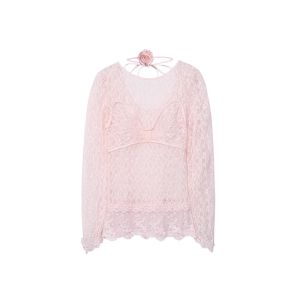 Romantic Lace Beaded Top LE FAME Sweet Style Princess Fit Long Sleeve round Neck Polyester Spandex Casual Chic Autumn Fashion