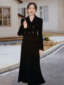 French Style Black Two-Piece Set Dress Womens Administrative Hepburn Style Rich Girl Feeling Outfit Skirt Long Sleeve V-Neck