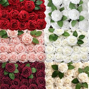5pcs 8cm Artificial PE Foam Rose Flowers with Stems Wedding Bridal Bouquet DIY Valentines Day Gift Party Decoration