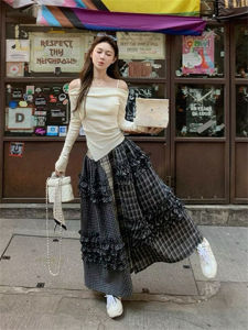 Váy Dài Xếp Ly Kẻ Caro Màu Khối Vá Váy Dài Mùa Hè Cho Nữ Váy Midi Cạp Cao Bằng Polyester Phong Cách Công Sở