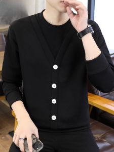 HENGYUANXIANG | Casual Knitted Long Sleeve Round Neck Sweater Fake Two-Piece Style Mens Fashion Urban Winter Top V-Neck Open Cardigan Cotton Polyester