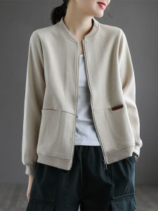 เสื้อแจ็คเก็ตสั้นทรงหลวมสำหรับผู้หญิง ฤดูใบไม้ผลิและฤดูใบไม้ร่วง ดีไซน์ใหม่ เสื้อคลุมกันหนาวแบบลำลองสำหรับคุณแม่วัยกลางคน