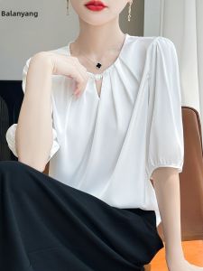 BALANYANG | Áo Sơ Mi Chiffon Giúp Gọn Gàng V-Neck Tay Ngắn