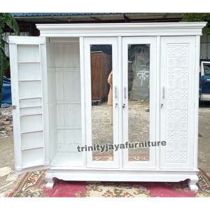 Lemari Pakaian Hijab 4 Pintu Swing 3 Rak 1 Gantung Warna Putih Kayu Jati/trinityjayafurniture