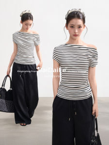 BAIDAIFEI | Black Striped Off-Shoulder Slim-Fit T-Shirt