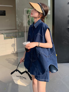 Loose Casual Womens Denim Sleeveless Polo Neck Two-Piece Set Short Shorts Summer Fashion Outfit Korean Style Button-Up