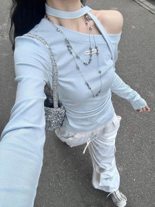 Retro American Blue Lace Hem Asymmetrical Shoulder Long Sleeve Tulress Womens T Shirt Spring High End Base Shirt Trendy Upper Apparel