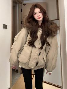Thickened down Parka Coat Women Winter Warm Hooded Jacket Fur Collar American Retro Button Workwear Cotton Outerwear