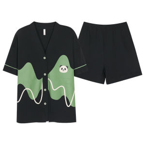 Miiow | Pure Cotton Summer Sleepwear Womens Style Thin Short Sleeve Home Clothes Set With Chest Pad Comfortable Breathable Cartoon Design