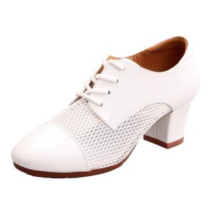 WUNUO | Womens Leather Dance Shoes Breathable Mesh Mid Heel Soft Bottom Hollow Out Design For Social Dancing And Square Dancing