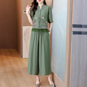 MAIMEI | Elegant Casual Embroidered Shirt And Pants Two-Piece Set For Middle-Aged And Elderly Women Short Sleeve V-Neck Polyester Fiber