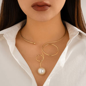 Ingemark Simple Punk Geometric Twisted Open Torques Choker Necklace Women Goth Hanging Imitation Pearl Pendant Grunge Jewelry